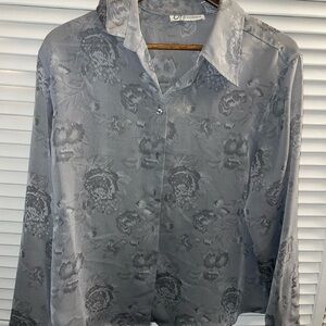dressbarn Gray Floral Jacquard Button-Down Shirt